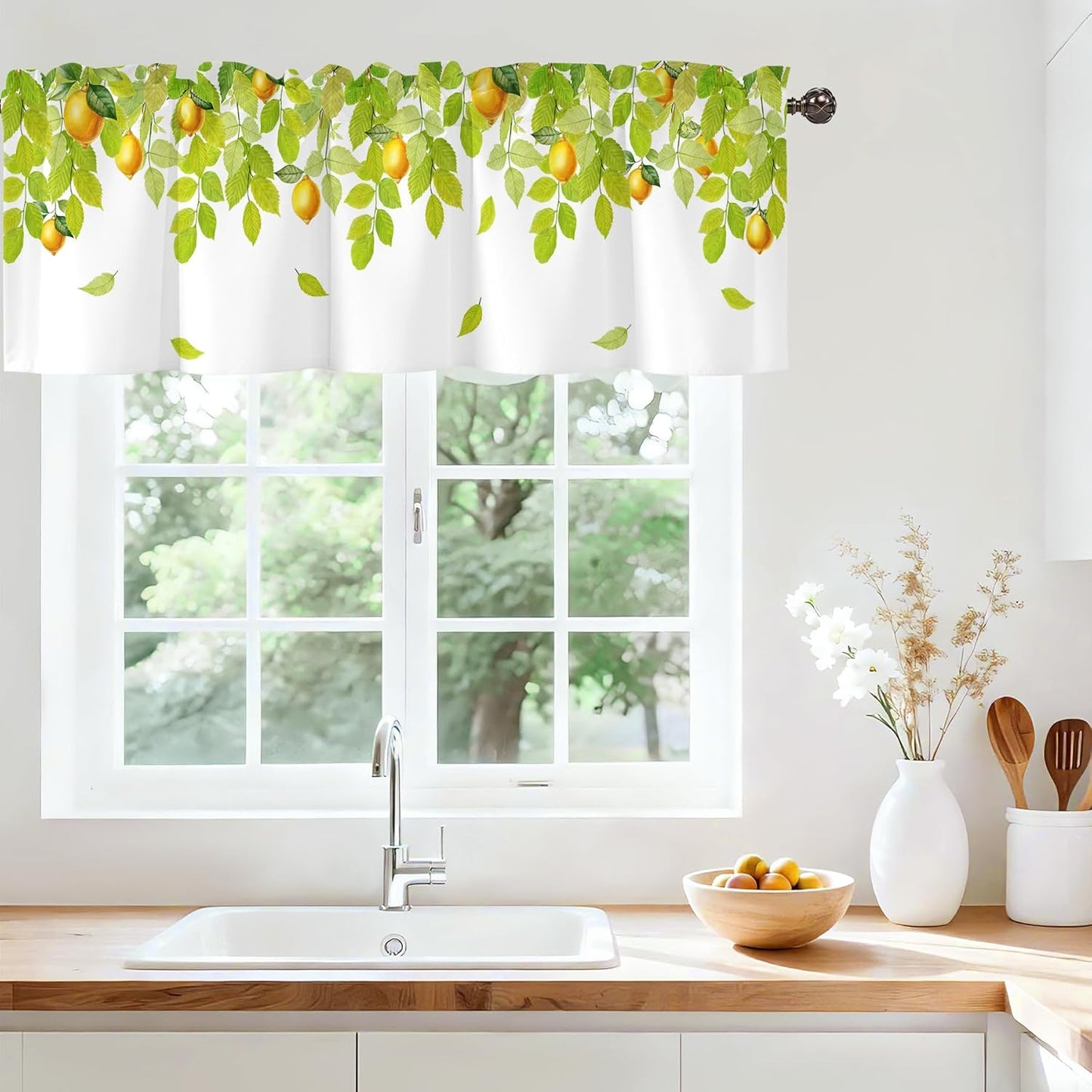 Green Leaves Lemon Valance for Windows,Window Treatment Curtains Rod Pocket Sheer Small Short Valance for Kitchen Bathroom Laundry Basement,42Wx12L inch,Watercolor Yellow
