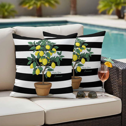 Summer Lemons Outdoor Waterproof Pillow Covers Set of 2, Yellow Fruit Leaf Black White Striped Abstract Pillowcase Decorative Throw Cushion Cases for Patio Garden Couch 18 x 18 Inches