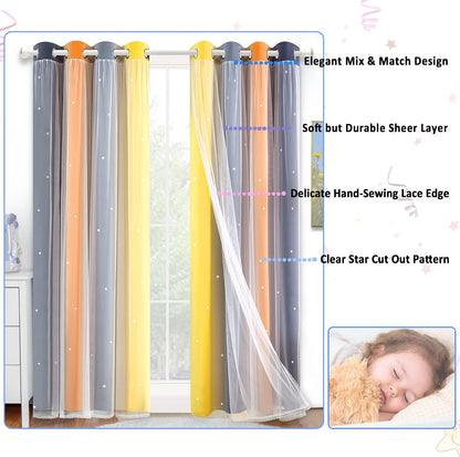 Christmas Rainbow Star Cutout Curtain for Bedroom - Double Layer Grommet Curtains Star Hollowed Curtain Rainbow Stripe Princess Curtains with Tie Backs Yellow/Grey 52W x 84L 2 Panels