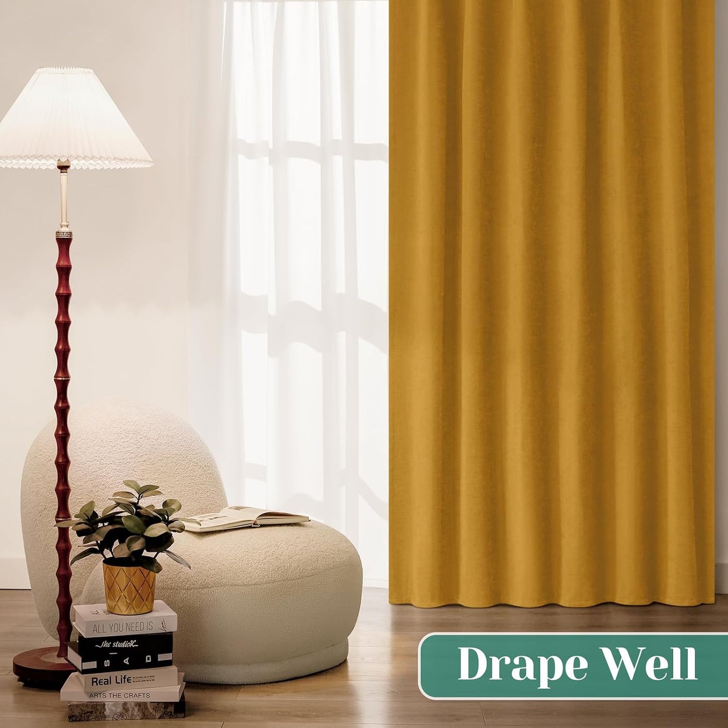 HOMEIDEAS 100% Chenille Blackout Curtains for Bedroom Yellow Curtains 63 Inch Length 2 Panels for Living Room Thermal Insulated Rod Pocket & Back Tabs Window Drapes, W52 x L63