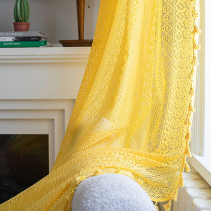 Judy Dre am Boho Hollow Out Curtains 1 Panels,Lace Knitted Curtain with Tassels Rod Pocket Window Treatment Vintage Drapes for Cabinet,Yellow,59" Wx18 L