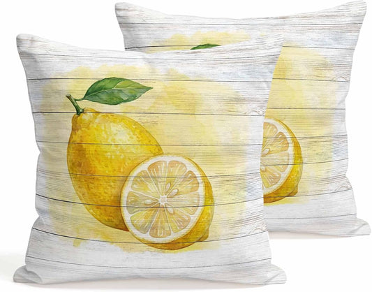 Set of 2 Summer Lemons Pillow Covers 16x16 Inch, Watercolor Yellow Fruit Farmhouse Wood Grain Decorative Throw Pillow Cases Cotton Cushion Covers for Sofa Couch Bed Living Room Bedroom Home Decor