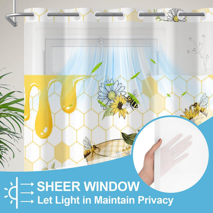 No Hook Bee Shower Curtain with Snap for Bathroom 71x74 Inch Cute Yellow Sunflower Shower Curtains in Liner Set Honey Jar Waterproof Fabric Double Layers Washable for Hotel Decorative