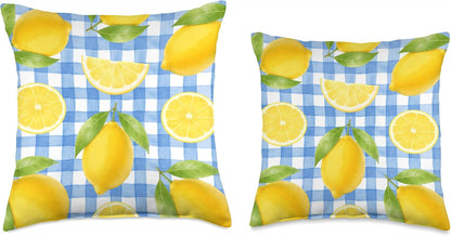 Lemon Citrus Blue Gingham Watercolor Aesthetic Summer Throw Pillow