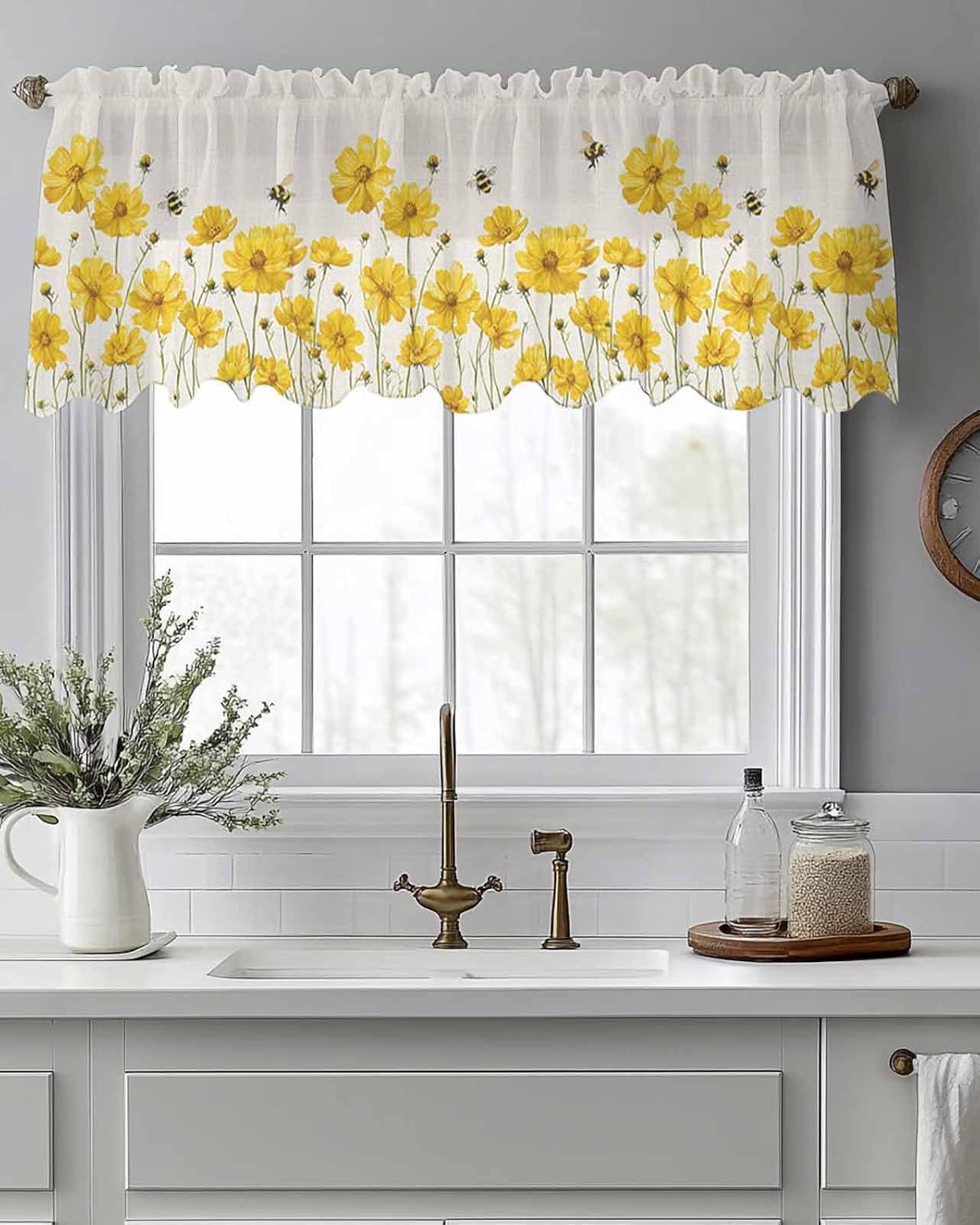 Yellow Daisy Floral Sheer Valance Curtains for Kitchen Living Room Decor, Honey Bee Rustic Flowers Semi Sheer Curtain Voile Valance Rod Pocket Window Treatment Short Curtain Panel 54"x18"