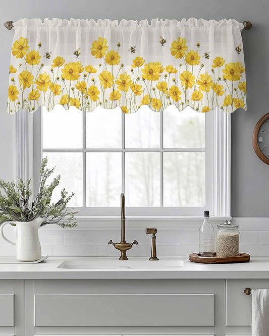 Yellow Daisy Floral Sheer Valance Curtains for Kitchen Living Room Decor, Honey Bee Rustic Flowers Semi Sheer Curtain Voile Valance Rod Pocket Window Treatment Short Curtain Panel 54"x18"
