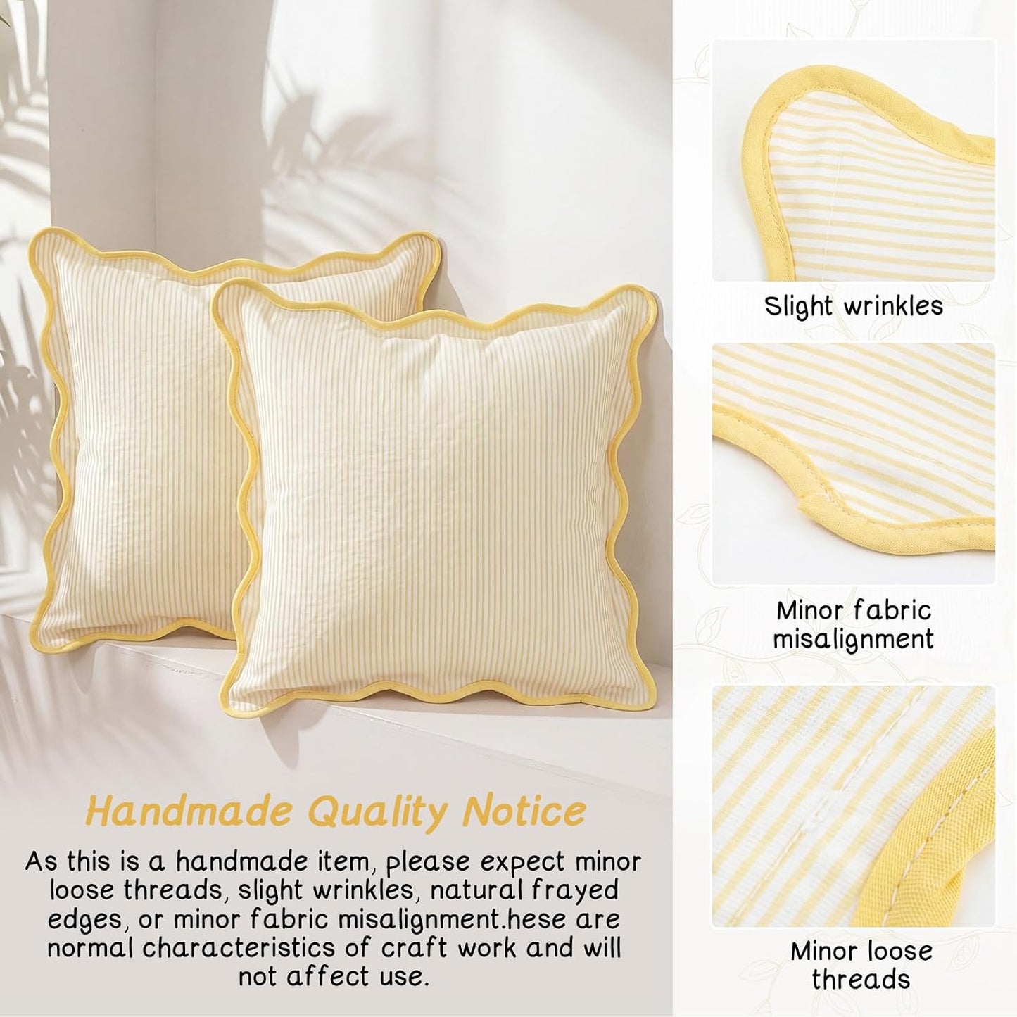HunnmingRe 2 Pcs Scalloped Edge Striped Pillowcases Stripe Throw Pillow Cover Only Wear Resistant Pillow Shams for Couch Bed Sofa Bedroom Living Room Outdoor Party(Yellow,18'' X 18'')