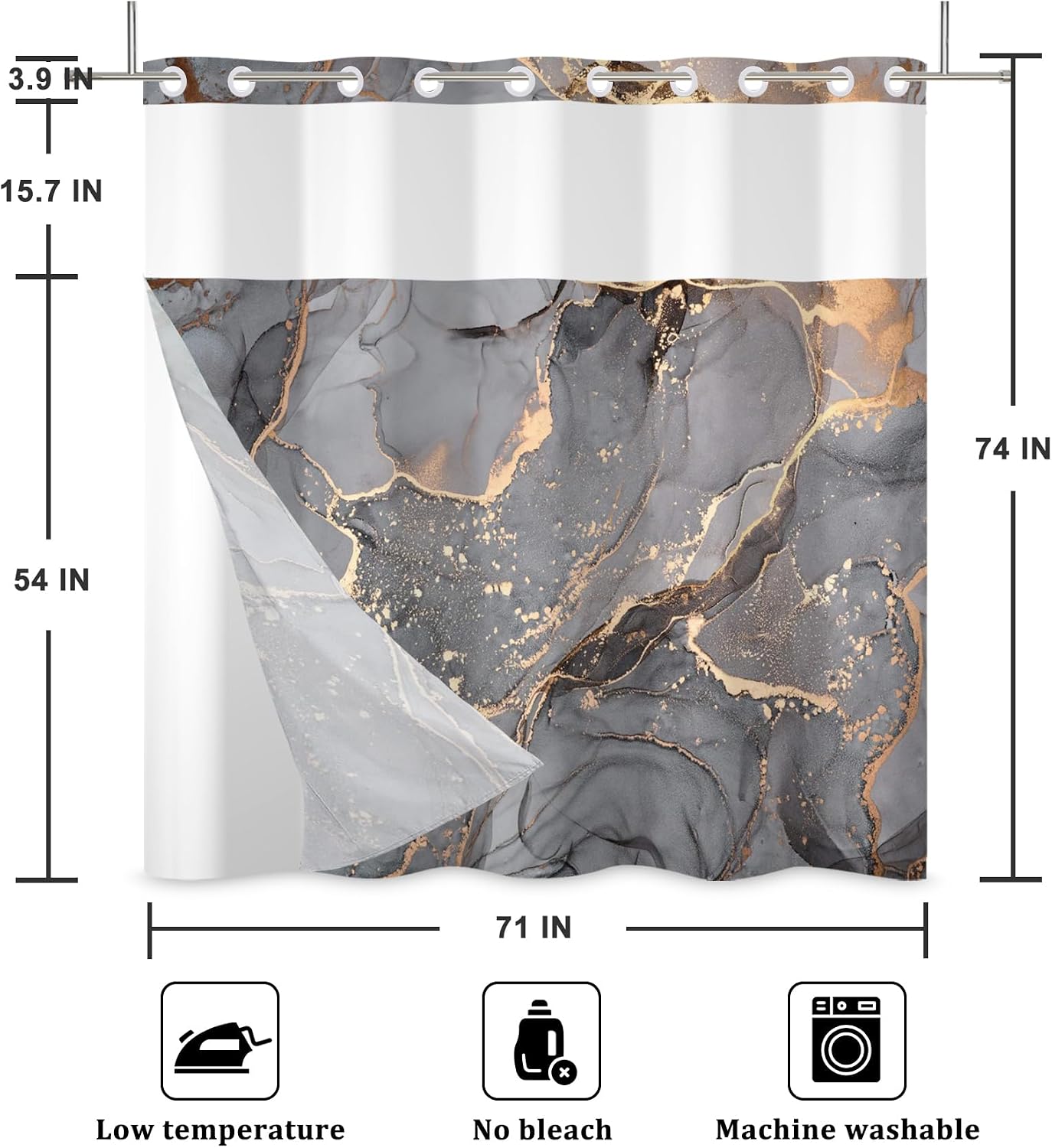 Gray Yellow Marble No Hook Shower Curtain with Snap in Liner Stylish Texture Shower Curtains for Luxury Hotel Grade Spa Bathroom Decor Double Layer Bathtubs Hotel Curtain Set 71x74 Inch