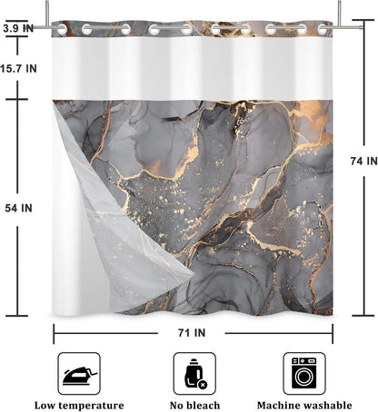 Gray Yellow Marble No Hook Shower Curtain with Snap in Liner Stylish Texture Shower Curtains for Luxury Hotel Grade Spa Bathroom Decor Double Layer Bathtubs Hotel Curtain Set 71x74 Inch