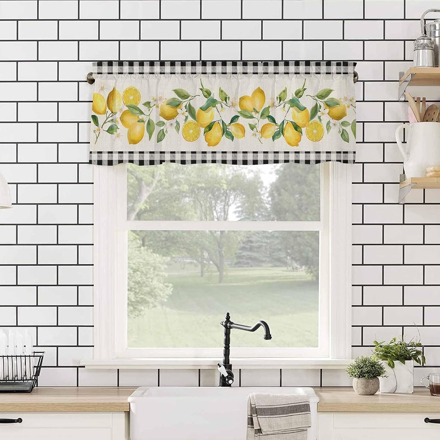 Valances for Window Semi Sheer Valance Light Filtering Small Window Curtains Art Farm Summer Yellow Lemon Black White Plaid Curtain for Living Room Bathroom 60"x18"