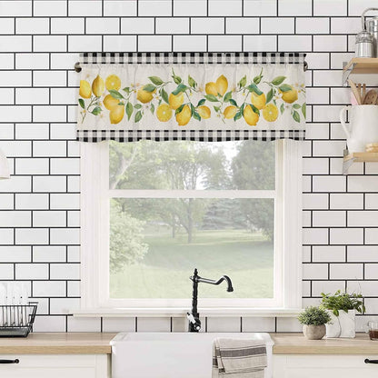 Valances for Window Semi Sheer Valance Light Filtering Small Window Curtains Art Farm Summer Yellow Lemon Black White Plaid Curtain for Living Room Bathroom 60"x18"