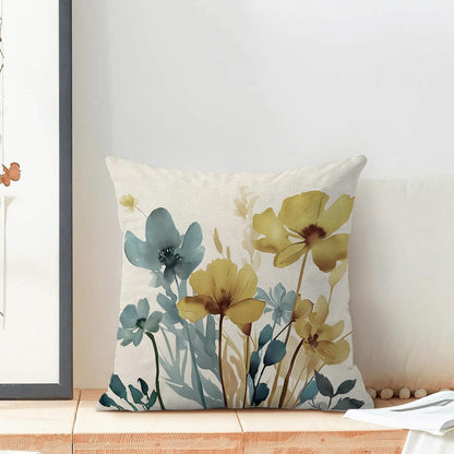 Spring Floral Pillow Covers 18x18 Inch Set of 2 Blue Yellow Floral Throw Pillow Cover Outdoor Modern Summer Flower Decoration Pillowcase Farmhouse Decorative Linen Cushion Cover For Sofa Couch