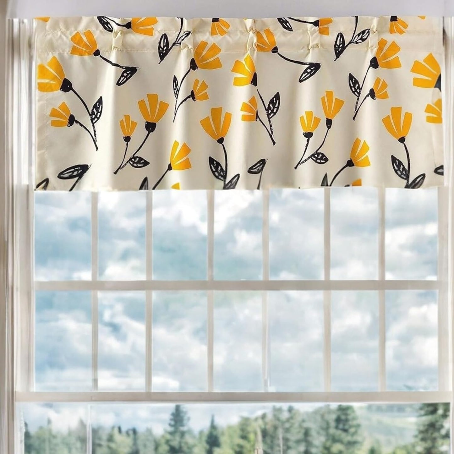 DaDa Bedding Botanical Yellow Fleur Floral Window Curtain - Semi Sheer Valance Spring Country Farmhouse Pale Ivory Background - Golden Orange Straight Tailored Edge Kitchen Decor - 18" x 52"