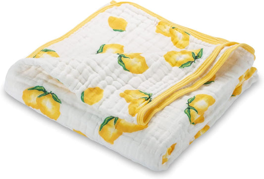 LollyBanks Muslin Baby Quilt, 100% Cotton Baby Blanket for Boys and Girls, Large 47 x 47 Inches Versatile Crib Blanket, 6 Layers Newborn Blanket, Durable Baby Bedding, Registry (Sunny Lemon Print)
