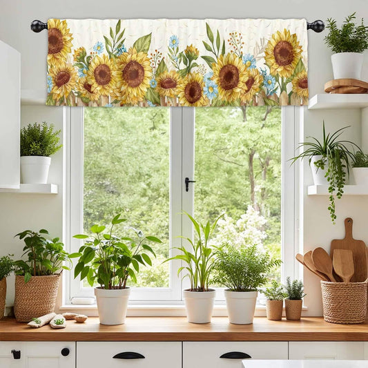 Sunflowers Valance Curtain Watercolor Yellow Blue Floral Farmhouse Semi Sheer Window Treatment Topper Drape 1 Panel 54 x 18 Inch Polyester Kitchen Bedroom Living Room Decor