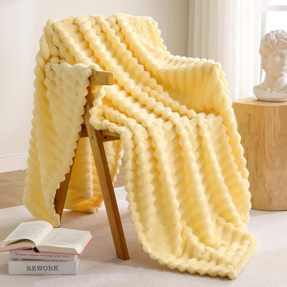 Excervent Solid Striped Flannel Fleece Blanket (50x70 inches, Light Yellow) Cozy Throw Blankets for Couch Sofa and Bed, Super Soft Luxurious Warm Blankets for Household Living Room Bedroom