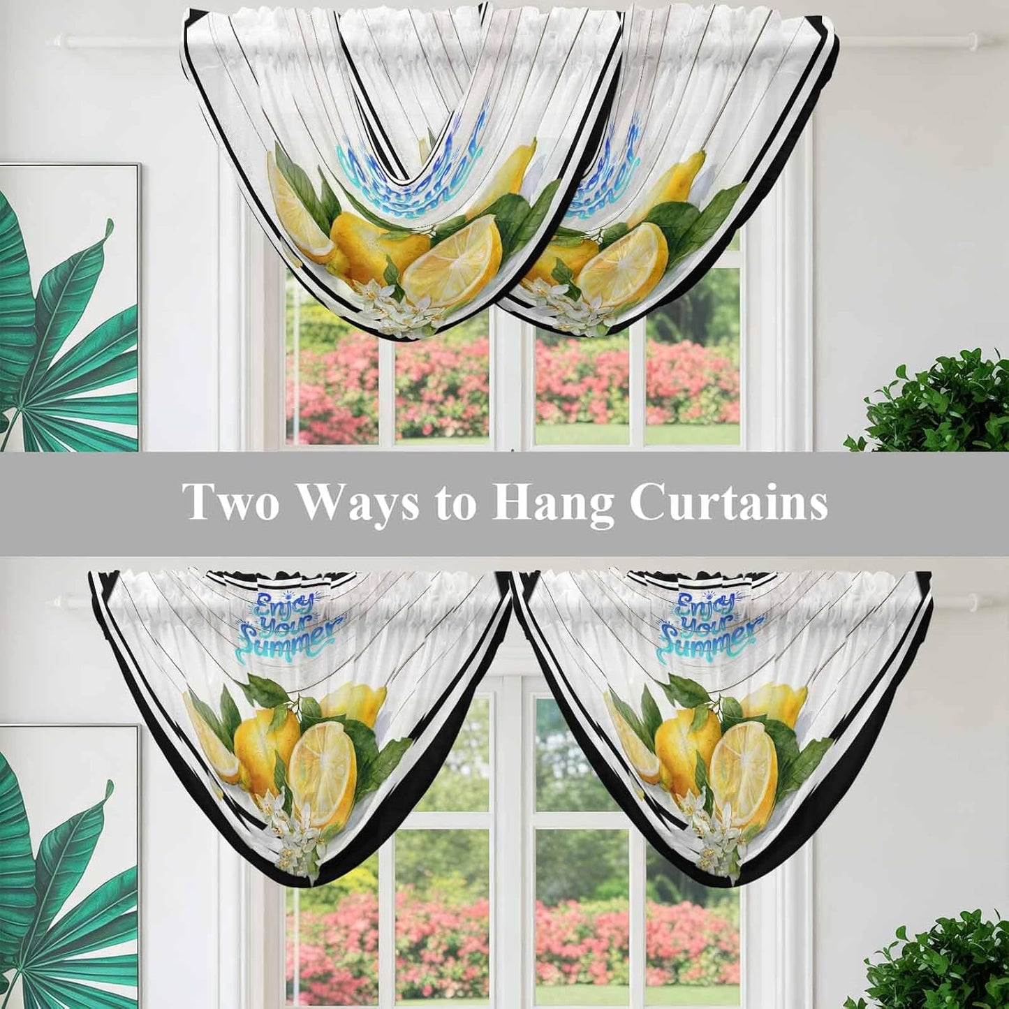 Waterfall Valance Curtain, Summer Lemon Flower Leaf Semi Sheer Kitchen Curtains Luxury Waterfall Valances for Windows, Farmhouse Wood Plank Black White Line Rod Pocket Curtain Valance for Living Room