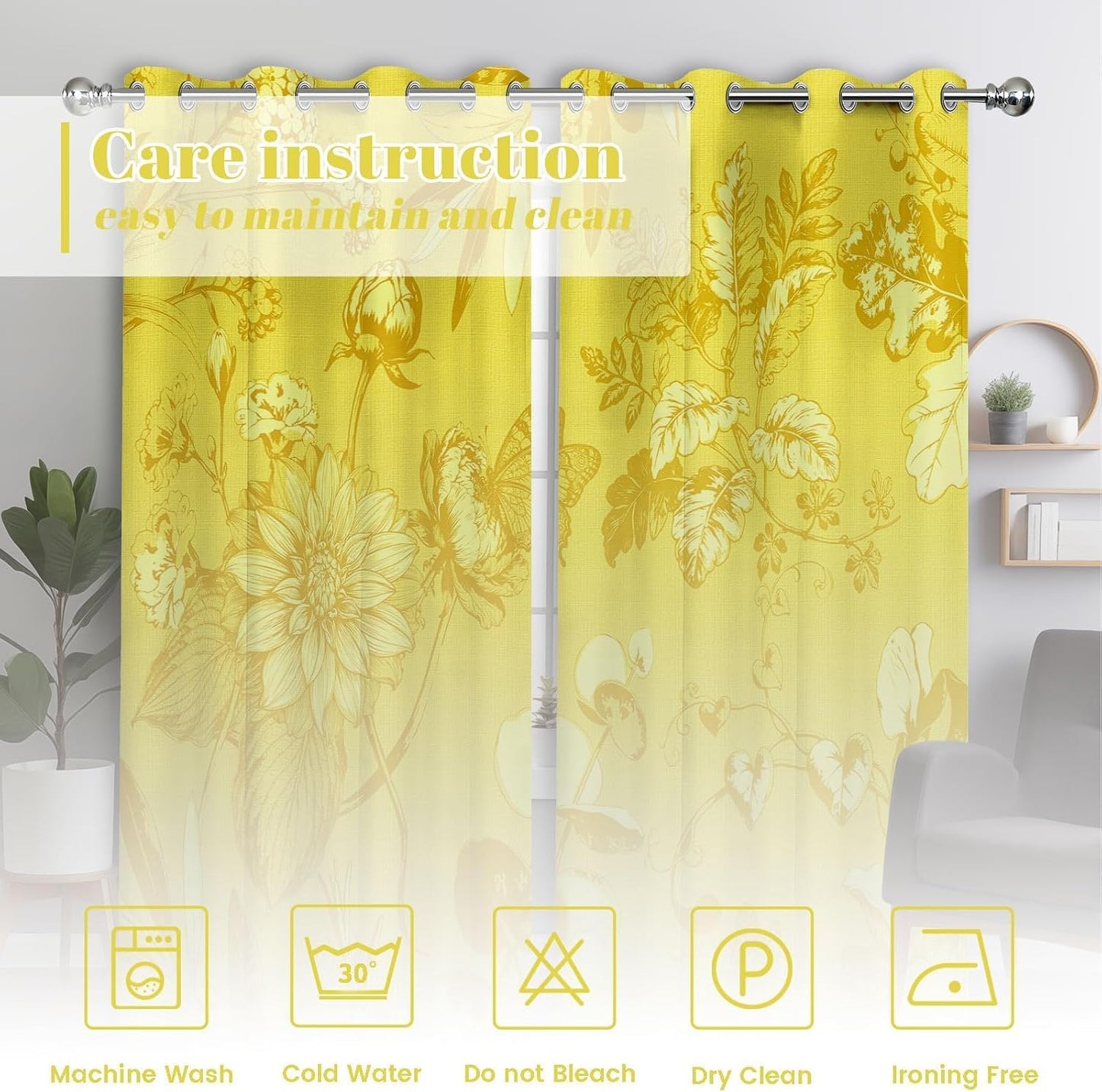 Mustard Yellow Vintage Botanical Blackout Curtains Patterned Yellow Floral Window Drapes for Bedroom Living Room, 84 inch Length 2 Panels Set, 52x84 inch