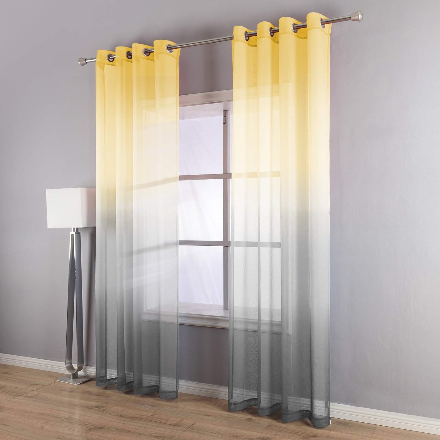 KOUFALL Yellow Sheer Curtains 84 Inches Long for Living Room, Summer Decor Grommet Ombre Printed Pattern Curtains for Bedroom Dining Room 84 Inch Length 2 Panels Set, Yellow and Grey