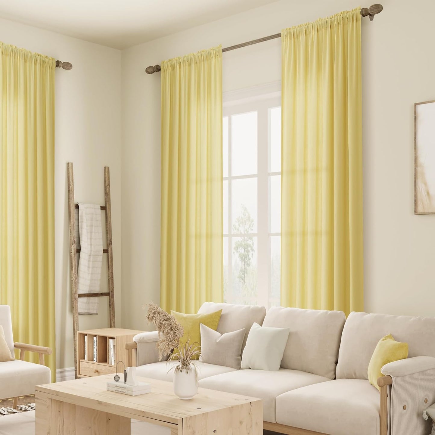 Guken Yellow Linen Curtains 84 Inch Length for Living Room Bedroom 2 Panels Set Rod Pocket Light Filtering Semi Sheer Window Curtains 52 Inch Width Boho Farmhouse Linen Drapes, W52xL84