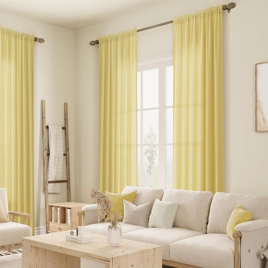 Guken Yellow Linen Curtains 84 Inch Length for Living Room Bedroom 2 Panels Set Rod Pocket Light Filtering Semi Sheer Window Curtains 52 Inch Width Boho Farmhouse Linen Drapes, W52xL84