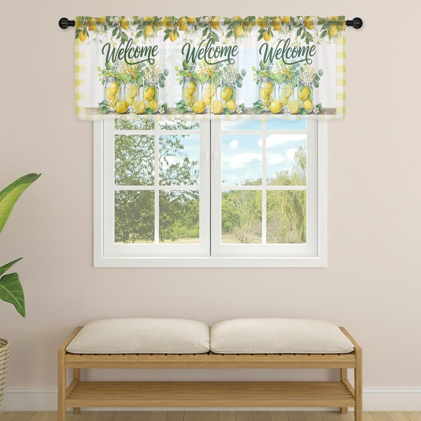 Summer Lemon Sheer Curtains Valances for Windows Yellow Plaid Fruits Floral Botanical Chiffon Kitchen Valances for Cafe, Rod Pocket Voile Window Treatments Curtains for Living Room Bedroom, 54"x18"