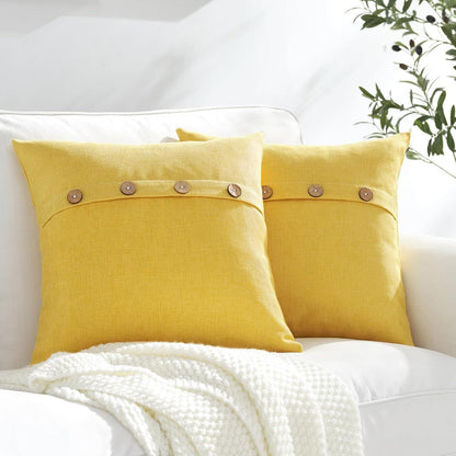 Meekio Set of 2 Lemon Yellow Pillow Covers 16 x 16 Linen Pillow Covers with Coconut Buttons Farmhouse Décor Housewarming Gifts