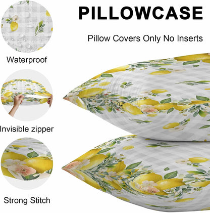 Outdoor Pillow Covers 18x18 Pack of 2, Summer Yellow Lemon on Grey Check Decorative Pillow Cover Waterproof Pillowcase, Farmhouse Fruit Theme Farmhouse Cushion Covers for Garden Patio Sofa Couch