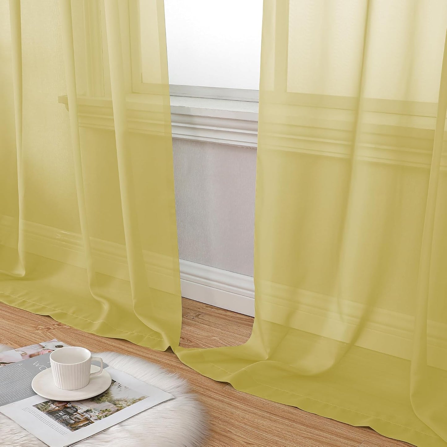 Aiyufeng Yellow Sheer Curtains 63 Inches Long 2 Panels Set, Semi Transparent Voile Rod Pocket Sheer Window Drapes for Bedroom Bed Canopy Living Room Dining Wedding Party Backdrop, 40W x 63L inch