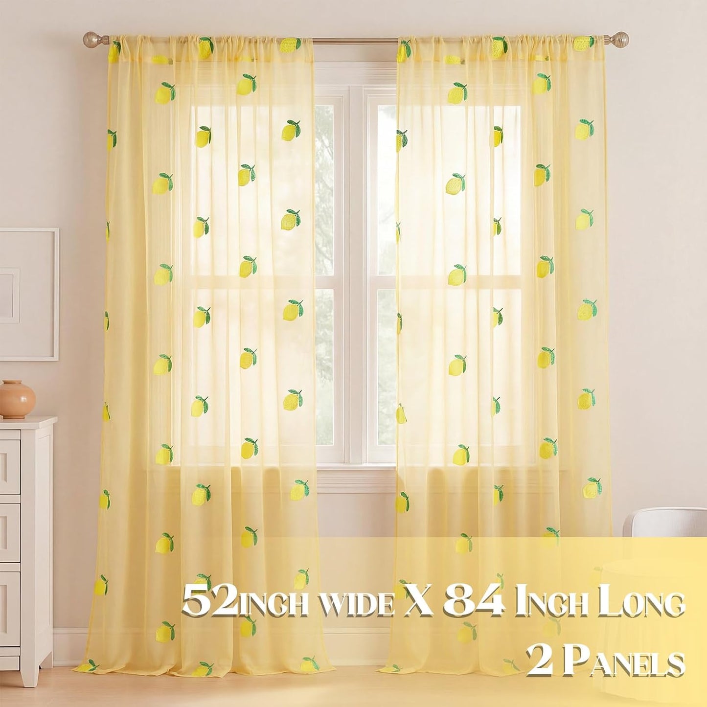 Tegeme 2 Panels Lemon Sheer Curtains for Girl Boy Bedroom 84 Inches Long Embroidered Voile Curtains Decorative Coquettish Sheer Shades Linen Window Decor for Summer Home Party Office