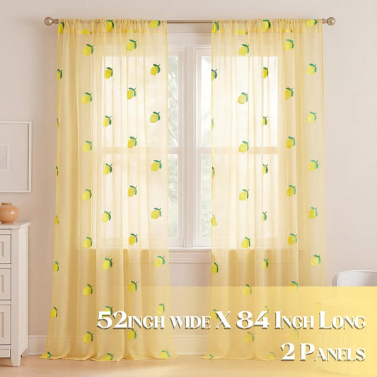 Tegeme 2 Panels Lemon Sheer Curtains for Girl Boy Bedroom 84 Inches Long Embroidered Voile Curtains Decorative Coquettish Sheer Shades Linen Window Decor for Summer Home Party Office