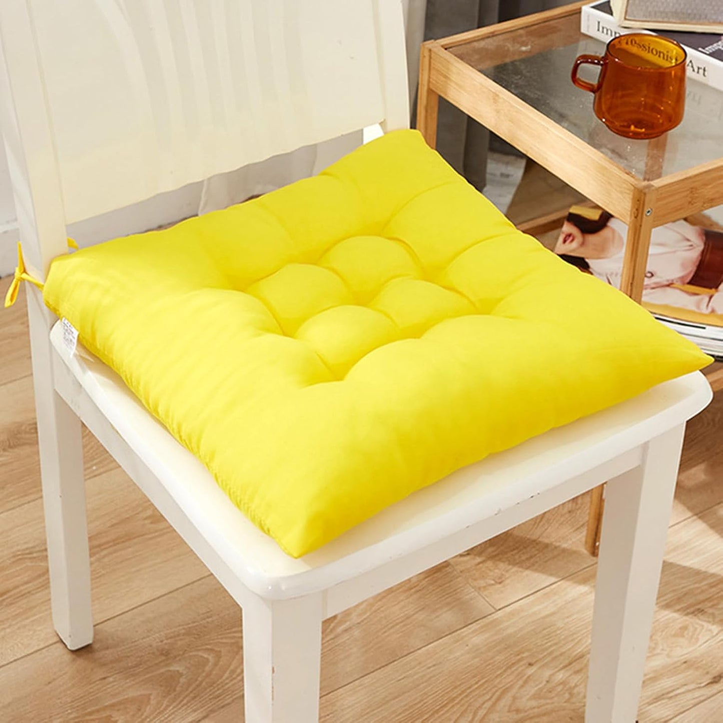Reyox Square Chair Cushion Polyester Chair Pad with Ties for Kitchen, Office, Indoor Yellow 16" x 16" Set of 4