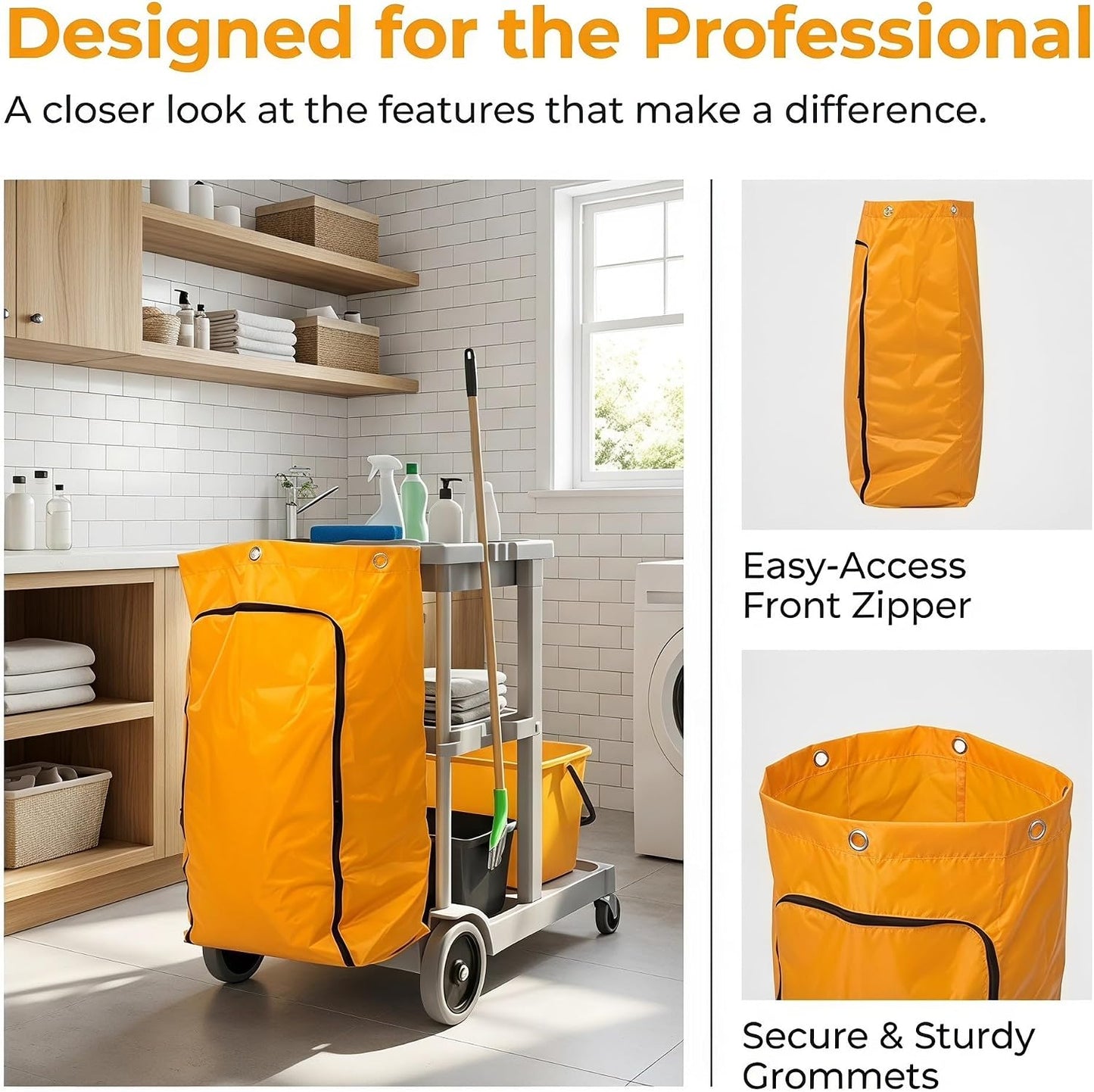 Housekeeping Cart Organizer Replacement Bag for Janitorial Cart, Yellow Oxford Cloth Utility Bag with Zippered Front, Resists Wear and Tear, for Hotel and Cleaning Company Use