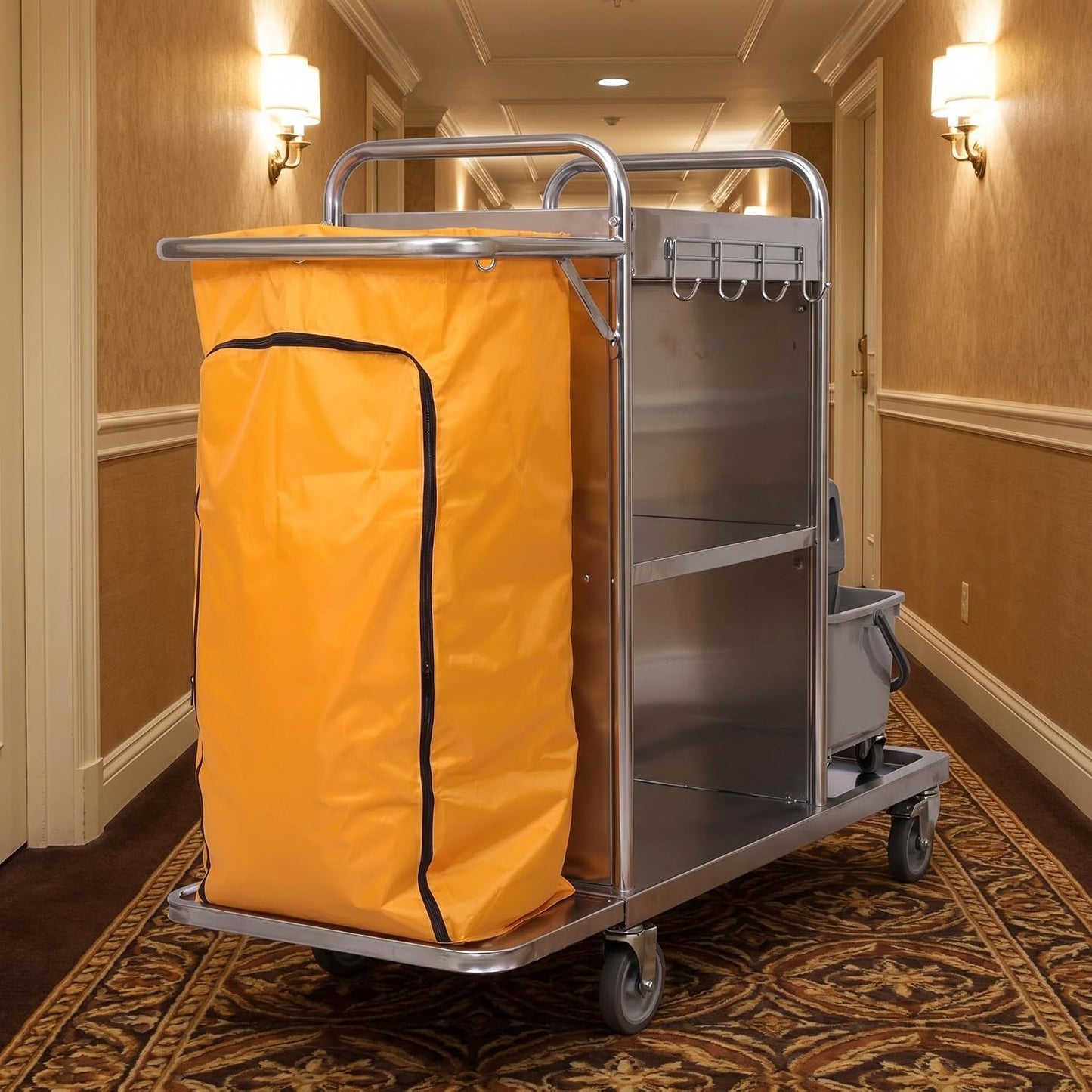 Housekeeping Cart Organizer Replacement Bag for Janitorial Cart, Yellow Oxford Cloth Utility Bag with Zippered Front, Resists Wear and Tear, for Hotel and Cleaning Company Use
