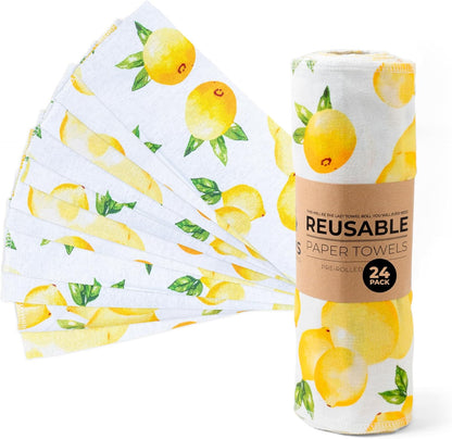 Zero Waste Reusable Paper Towels, Organic Cotton Flannel Wipes for Kitchen, Bathroom, Hand Drying, Pet Messes, and Counter Cleaning, Lemons, 24-Pack Gift Set