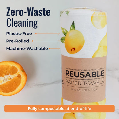 Zero Waste Reusable Paper Towels, Organic Cotton Flannel Wipes for Kitchen, Bathroom, Hand Drying, Pet Messes, and Counter Cleaning, Lemons, 24-Pack Gift Set