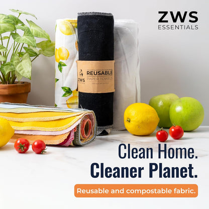 Zero Waste Reusable Paper Towels, Organic Cotton Flannel Wipes for Kitchen, Bathroom, Hand Drying, Pet Messes, and Counter Cleaning, Lemons, 24-Pack Gift Set