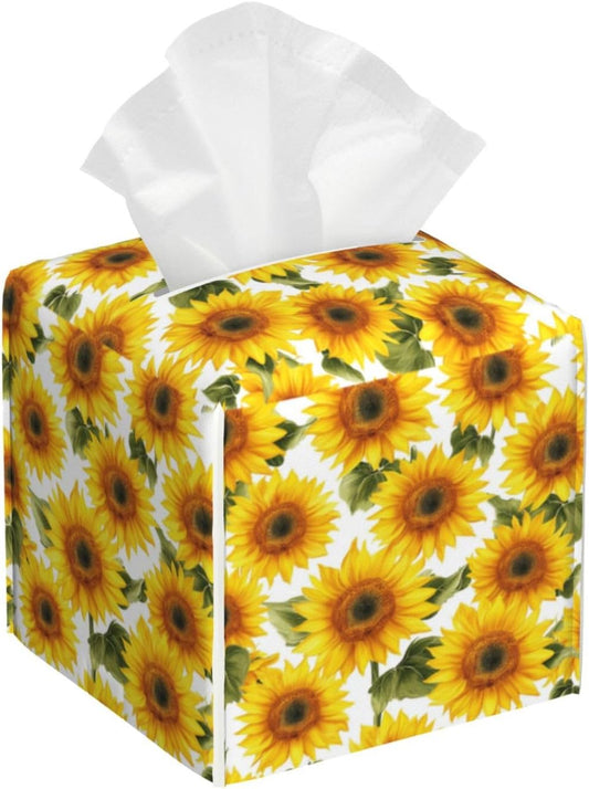 Yellow Sunflowers Petals Tissue Box Cover Square, Waterproof Leather Tissue Box Holder Portable Dispenser Modern Home Decoration for Bathroom Car Nightstand Vanity