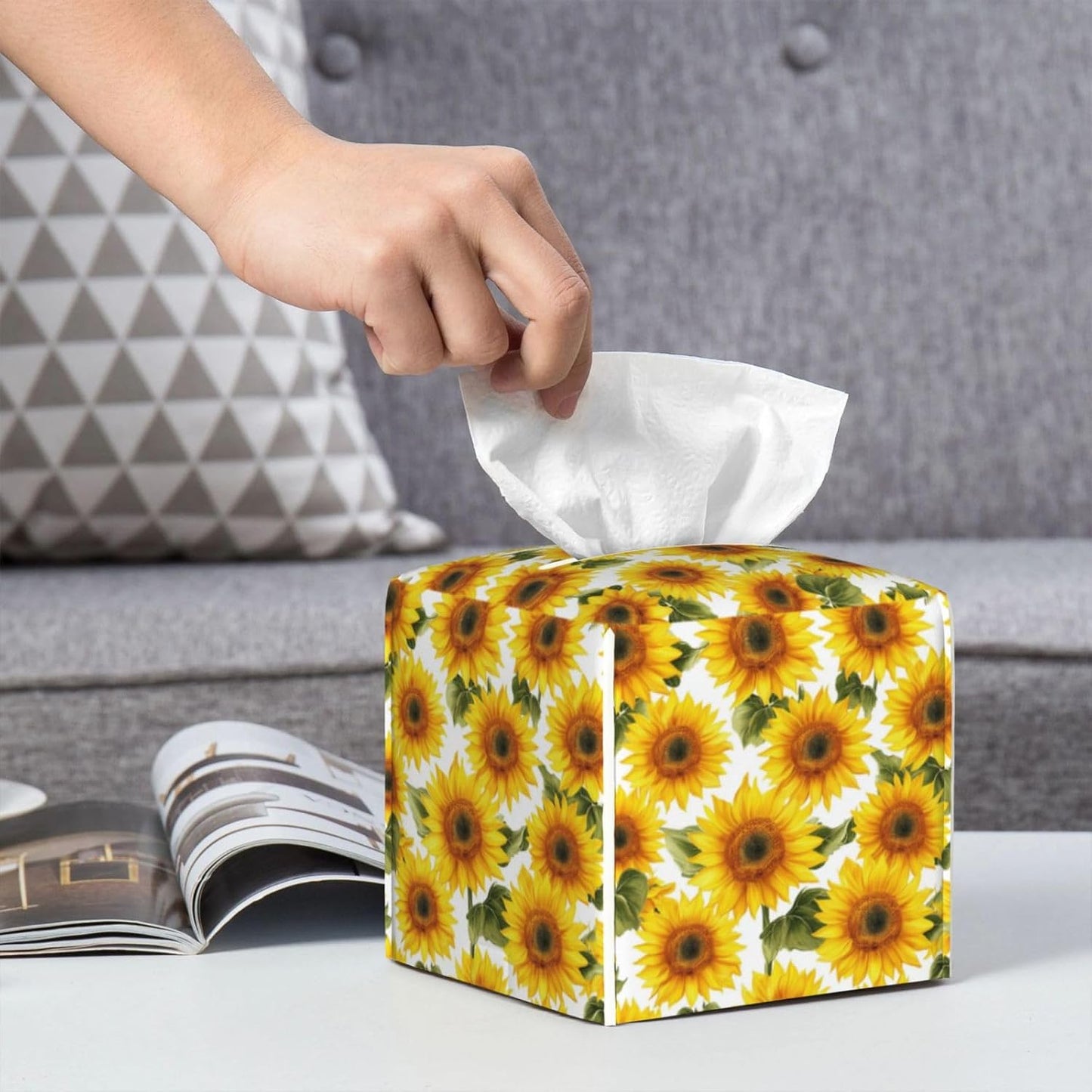 Yellow Sunflowers Petals Tissue Box Cover Square, Waterproof Leather Tissue Box Holder Portable Dispenser Modern Home Decoration for Bathroom Car Nightstand Vanity