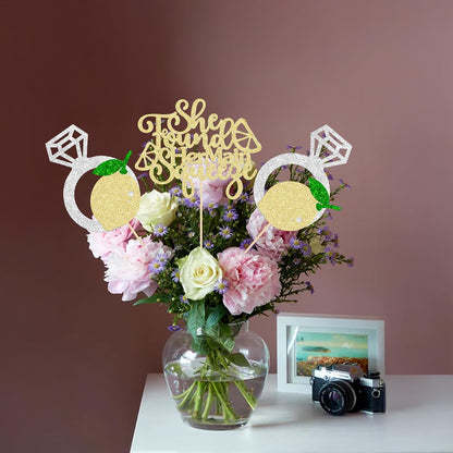 12Pcs Lemon Flower Centerpiece Sticks Assembled Glitter She found Her Main Squeeze Table Centerpiece Sticks for Bridal Engagement Party Baby Shower Birthday Party Cake Supplies Gold