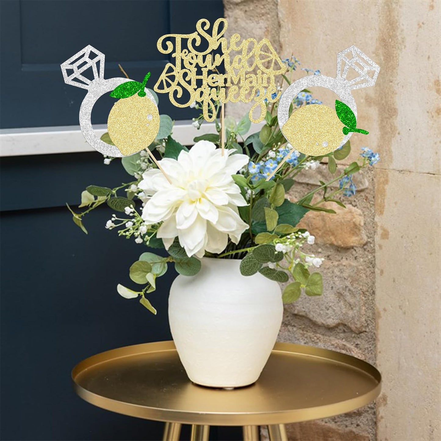 12Pcs Lemon Flower Centerpiece Sticks Assembled Glitter She found Her Main Squeeze Table Centerpiece Sticks for Bridal Engagement Party Baby Shower Birthday Party Cake Supplies Gold