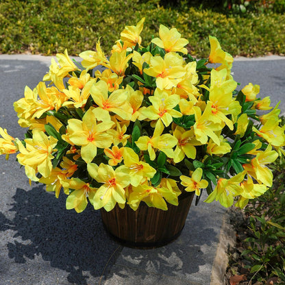 Artificial Azalea Flowers Fake Plants for Outdoors Spring Summer Decoration, 3 Bundles UV Resistant Faux Silk Outside Flowers Look Real for Outdoor Planter Front Door Patio Garden, Yellow
