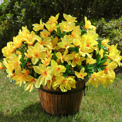 Artificial Azalea Flowers Fake Plants for Outdoors Spring Summer Decoration, 3 Bundles UV Resistant Faux Silk Outside Flowers Look Real for Outdoor Planter Front Door Patio Garden, Yellow