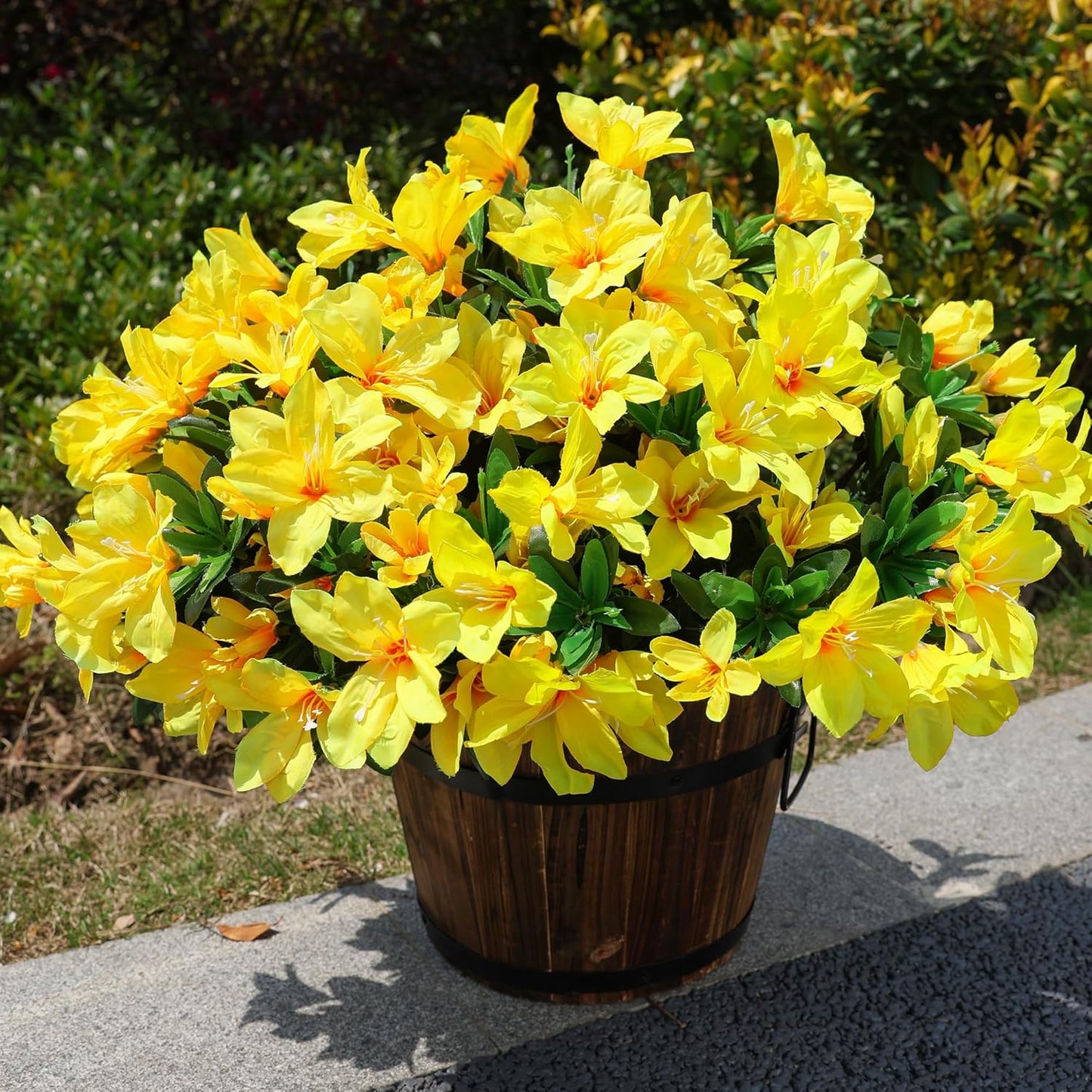 Artificial Azalea Flowers Fake Plants for Outdoors Spring Summer Decoration, 3 Bundles UV Resistant Faux Silk Outside Flowers Look Real for Outdoor Planter Front Door Patio Garden, Yellow