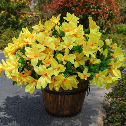 Artificial Azalea Flowers Fake Plants for Outdoors Spring Summer Decoration, 3 Bundles UV Resistant Faux Silk Outside Flowers Look Real for Outdoor Planter Front Door Patio Garden, Yellow
