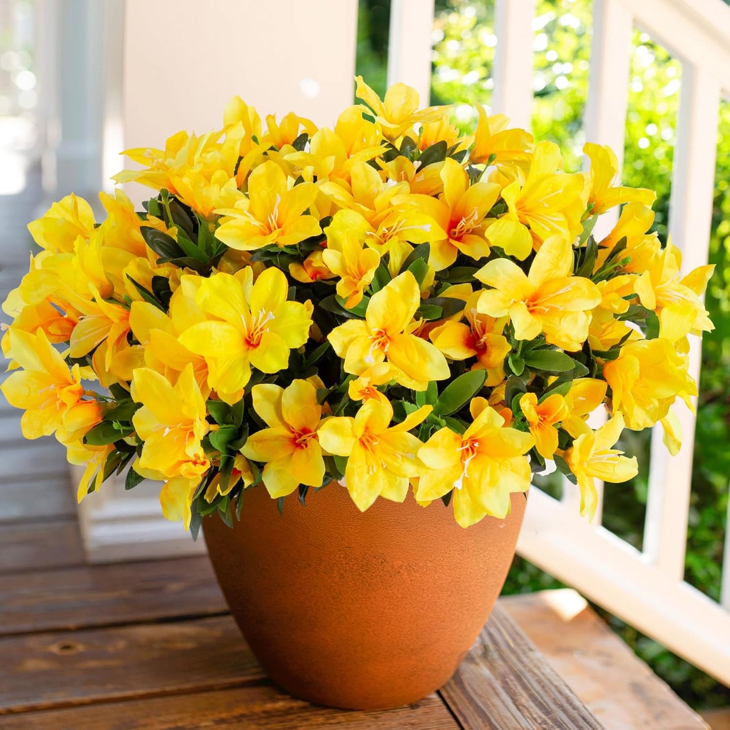 Artificial Azalea Flowers Fake Plants for Outdoors Spring Summer Decoration, 3 Bundles UV Resistant Faux Silk Outside Flowers Look Real for Outdoor Planter Front Door Patio Garden, Yellow