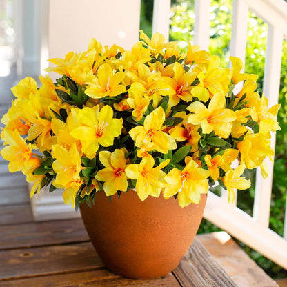 Artificial Azalea Flowers Fake Plants for Outdoors Spring Summer Decoration, 3 Bundles UV Resistant Faux Silk Outside Flowers Look Real for Outdoor Planter Front Door Patio Garden, Yellow