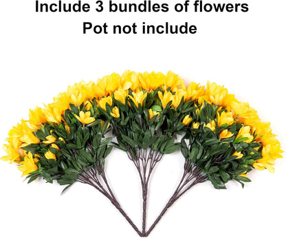 Artificial Azalea Flowers Fake Plants for Outdoors Spring Summer Decoration, 3 Bundles UV Resistant Faux Silk Outside Flowers Look Real for Outdoor Planter Front Door Patio Garden, Yellow
