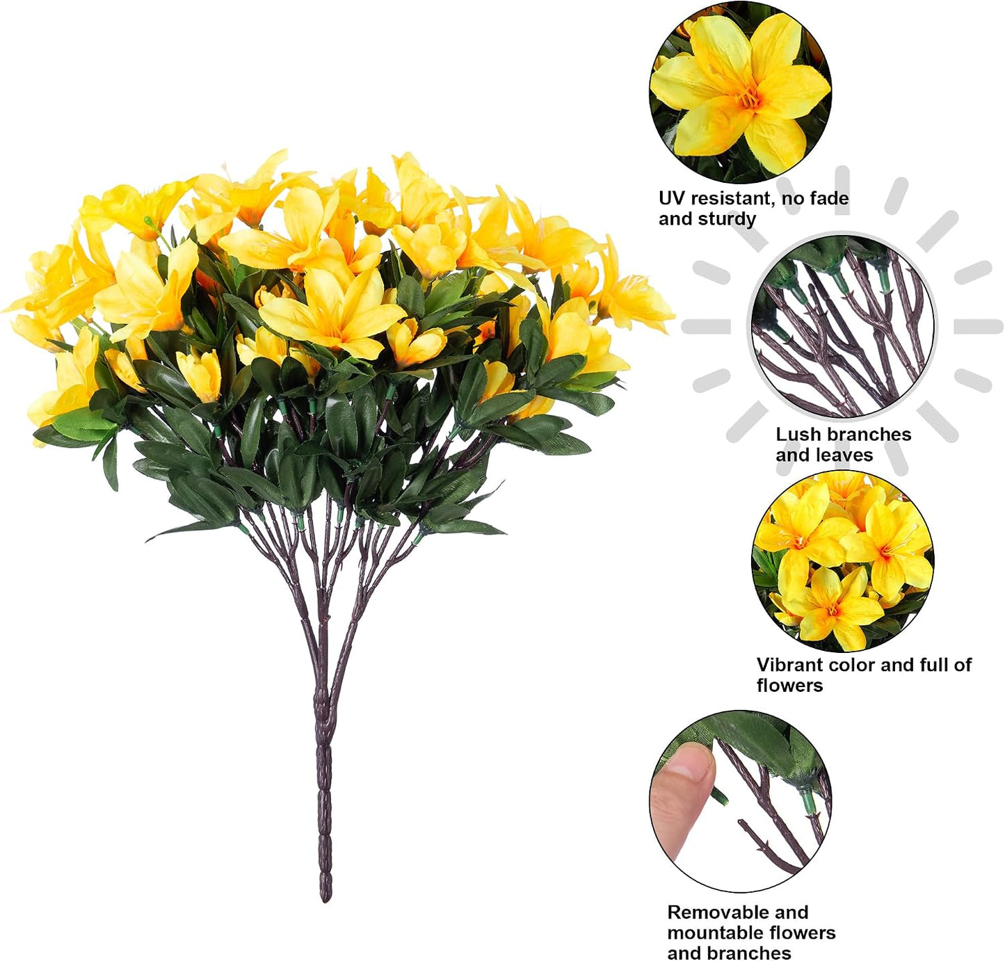 Artificial Azalea Flowers Fake Plants for Outdoors Spring Summer Decoration, 3 Bundles UV Resistant Faux Silk Outside Flowers Look Real for Outdoor Planter Front Door Patio Garden, Yellow