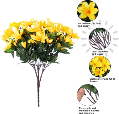 Artificial Azalea Flowers Fake Plants for Outdoors Spring Summer Decoration, 3 Bundles UV Resistant Faux Silk Outside Flowers Look Real for Outdoor Planter Front Door Patio Garden, Yellow